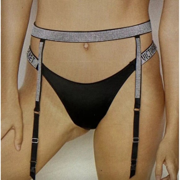 Victoria's Secret Garter Belt Lingerie Black Rhinestone Bling Medium M Large L - Picture 1 of 8